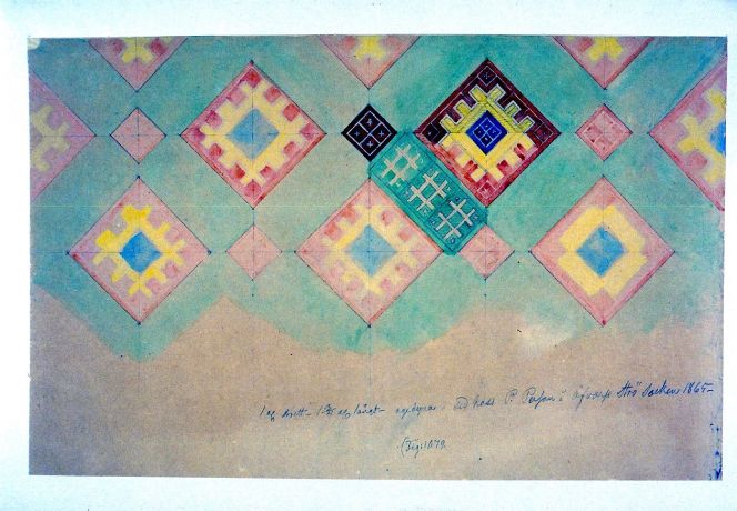 Fabric woven in “opphämta” technique, depicted in water-colour from 1865, will be the final example of Mandelgren’s close observations of textile motifs. The Mandelgren Collection is also in the process of being digitised, for more information please see the Folklore Archive’s website. (Owner: Folklivsarkivet, Lund, no 1079). Photo: The IK Foundation, London.